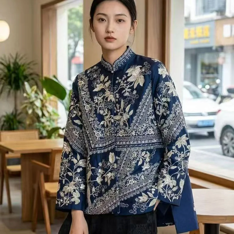 

Высококачественный весенний топ, китайский новогодний топ, женское свободное пальто с вышивкой и цветами, S-XXL