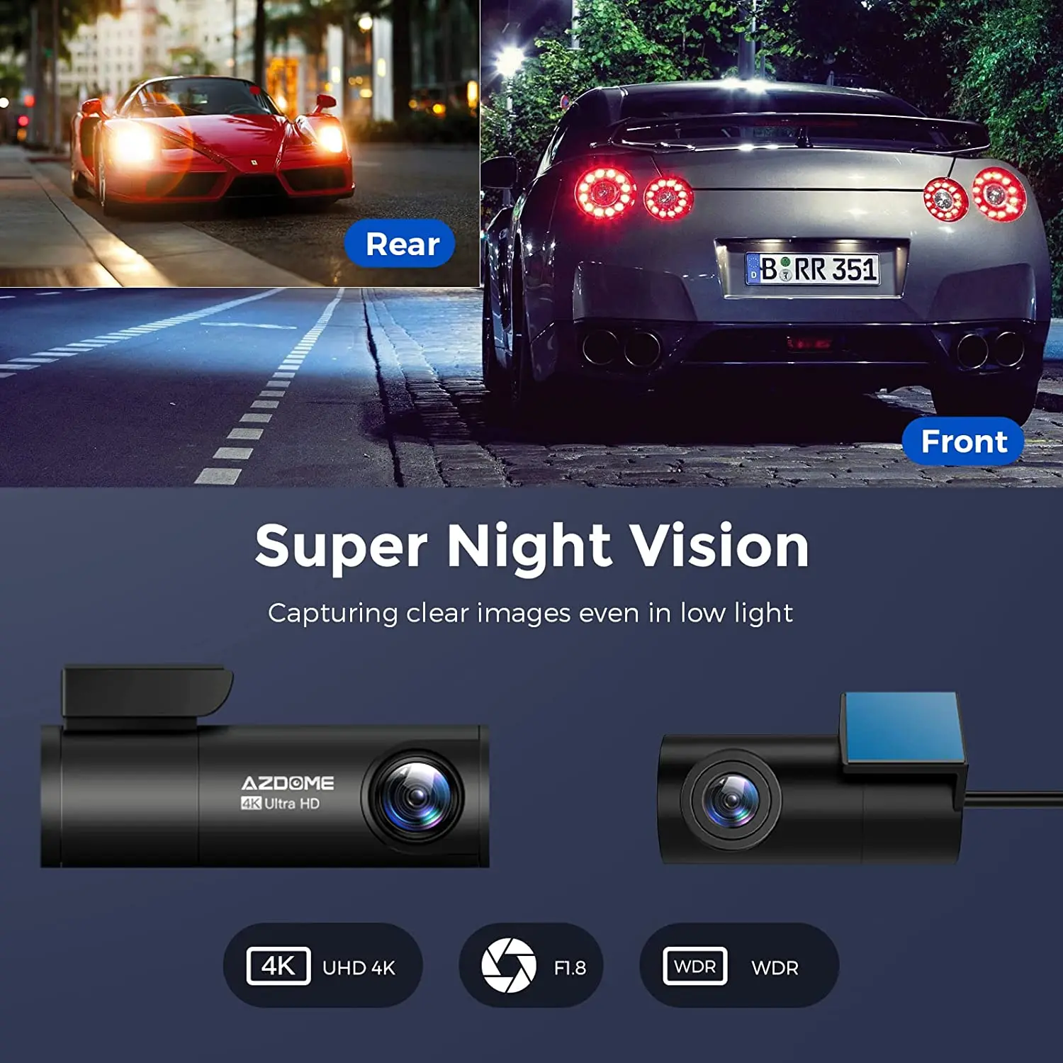 AZDOME M300S Cam 4K Front and Rear with GPS Night Vision WDR Voice Control WiFi Hidden Car Video Recorder