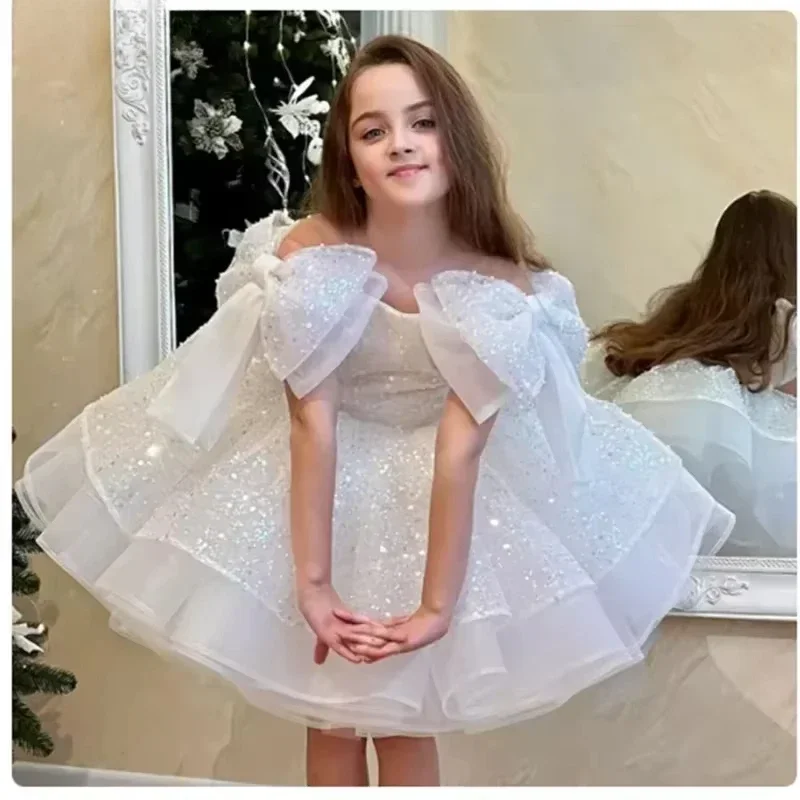 

Girls Off Shoulder Bow - Accented Sequined Tulle Dress Perfect For Flower Girl Duties Birthday Celebrations Piano Performances A