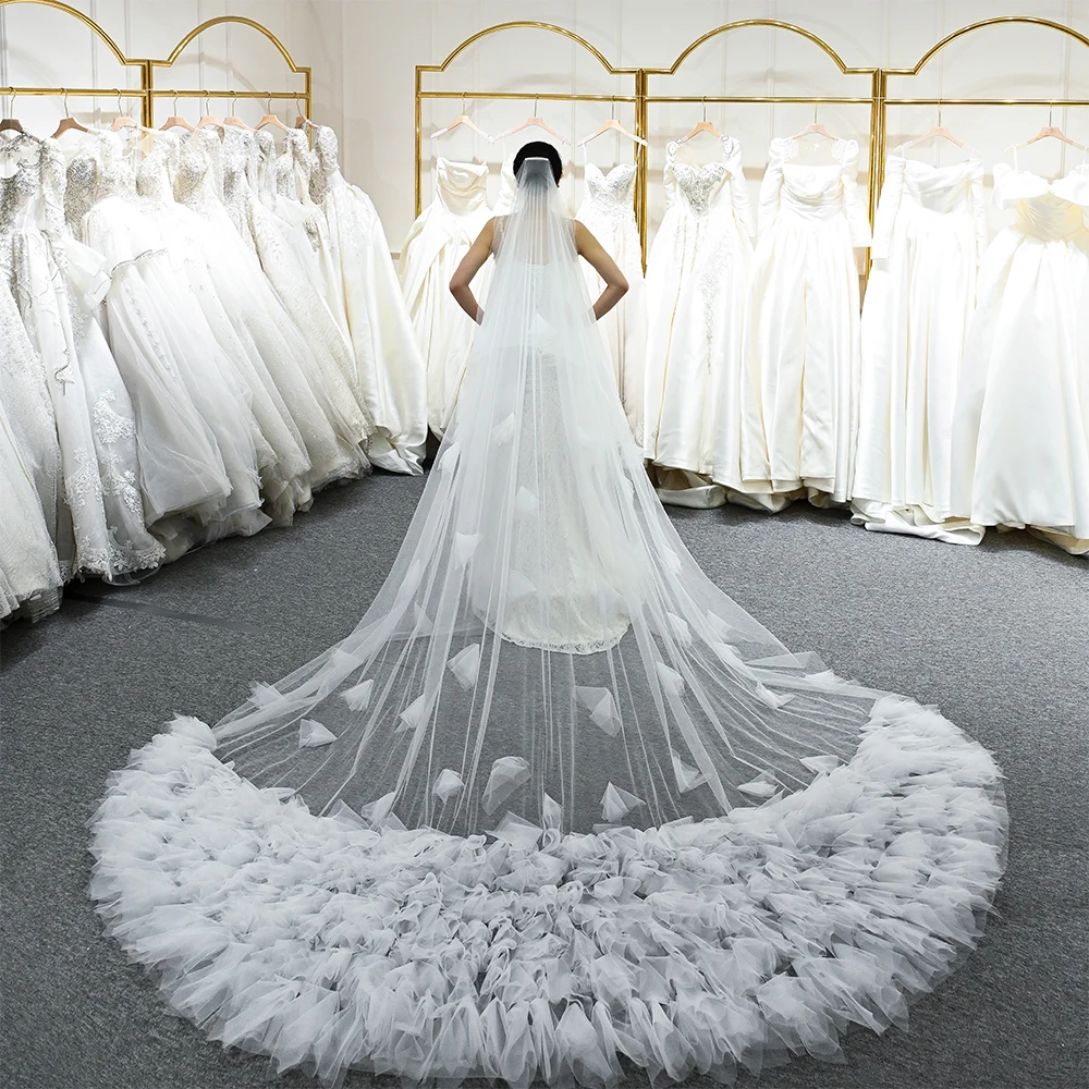 Wedding Veil with Blusher Soft Tulle Veil 2 tier Cathedral Length Bride 5M Flowers Veil with Comb Bridal Accessories
