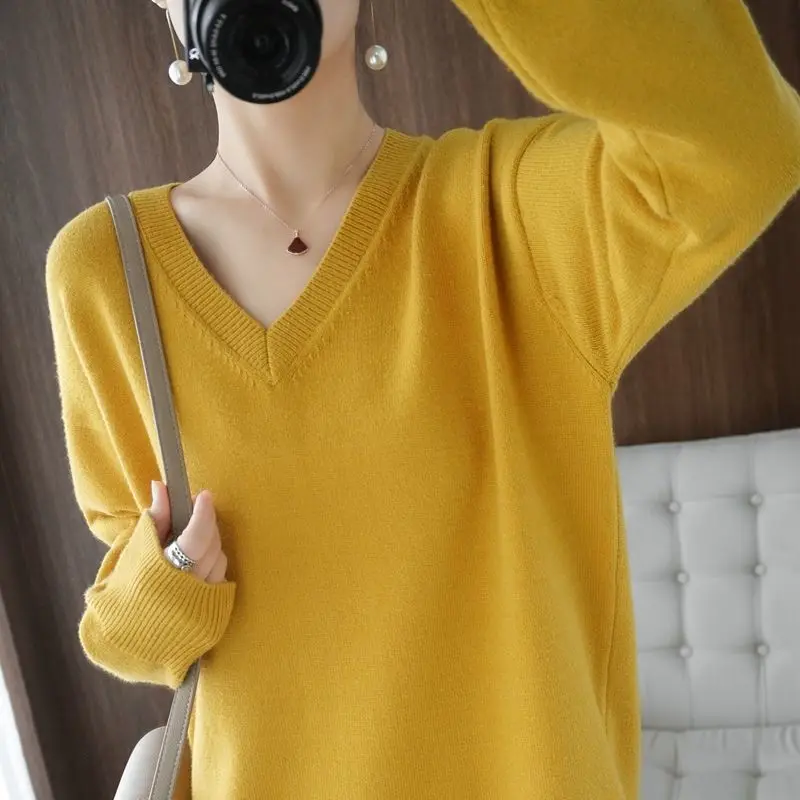 Female Simplicity Solid Color Loose Knitted Pullovers Autumn Winter All-match Long Sleeve V-Neck Midi Sweaters Women\'s Clothing