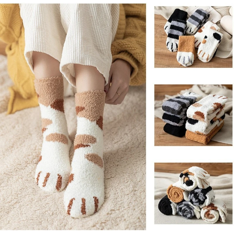 

Пара осенне-зимних коралловых бархатных носков, женские милые носки с кошачьими лапами для девочек, утолщенные носки для сна со средней трубкой для домашнего пола