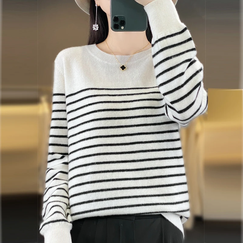 New Women's O-neck Stripe Pullover Sweater 100% Merino Wool Knitwear Autumn Winter Loose Casual Soft Cashmere Sweater Female