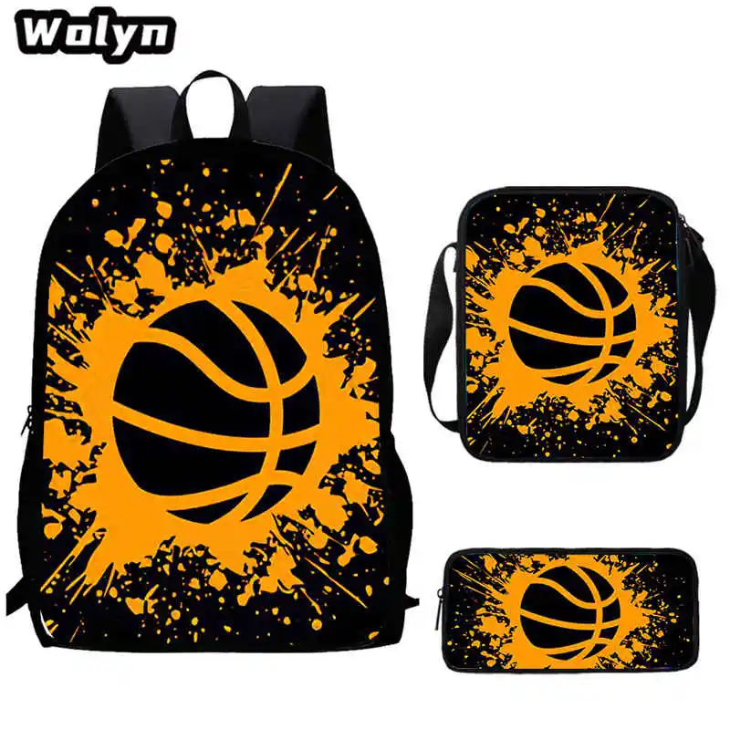 3Pcs Set Basketball Print School Backpack with Shoulder Bags Pencil Bags,School Bags for Boys Girls,Best Gift Kids Bags Bookbags