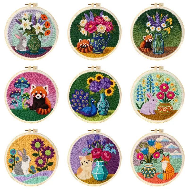 Punch Needle Embroidery Cross Stitch Kit Cute Animal Floral Funny Easy Rabbit Panda Peacock DIY Craft Set For Beginner 20x20cm
