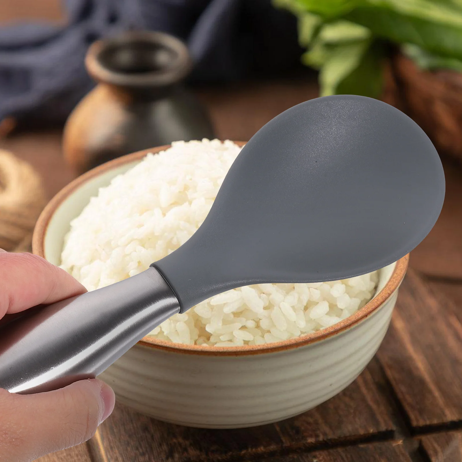 

Stainless Steel Handle Rice Spoon Kitchen Gadget Creative Serving Spoon Home Hotel Restaurant Large Size Easy Clean Grey