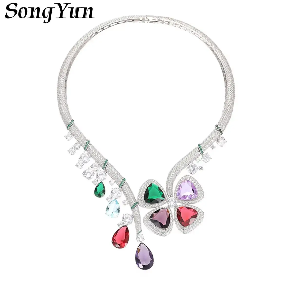 

SY Luxury Jewelry 925 Sterling Silver Pendant Necklace Fashion Colorful HCD Gemstones Clover Choker Necklaces Pendants Jewelry