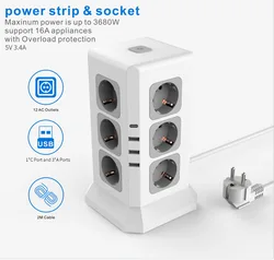 Tower Power Strip Sockets KR EU 1 USB 1 TYPE C AC110v 220v 12 Outlets Surge Protector PD30W 10A 2000W White Table Desktop Socket