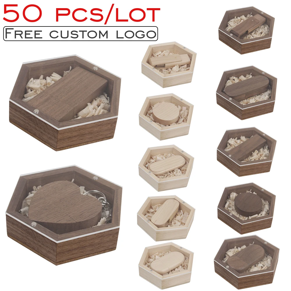 

50pcs/lotUSB Flash Drives Wedding Photography Wooden Memory Stick Free Engraving Logo Creative Hexagon Box Multi Style Pen Drive