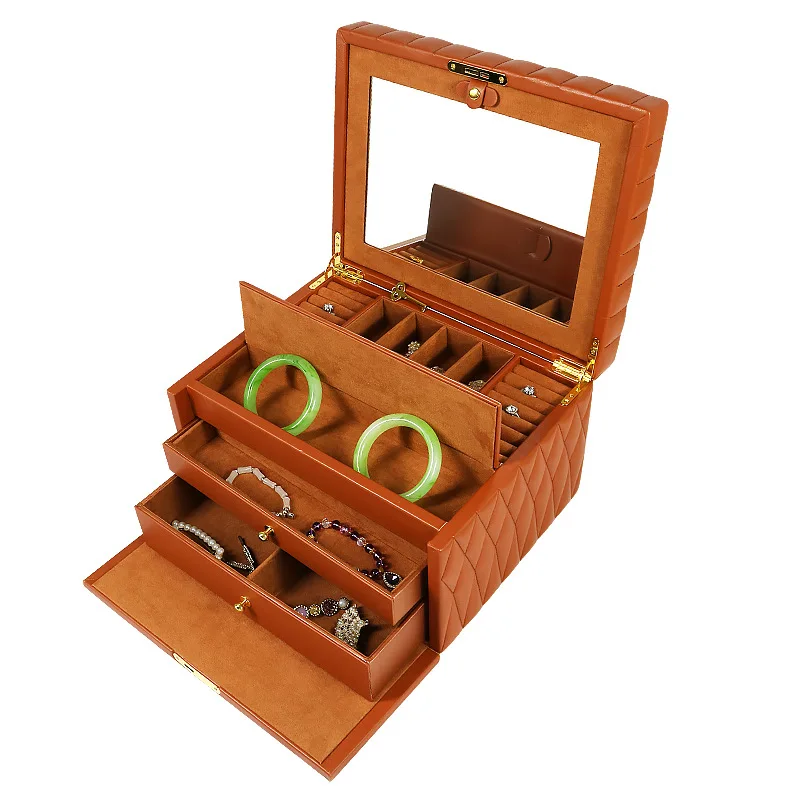 

Кожаная шкатулка для украшений большой вместимости, многослойный органайзер для колец, серег и ожерелий, роскошная шкатулка для ювелирных изделий с замком