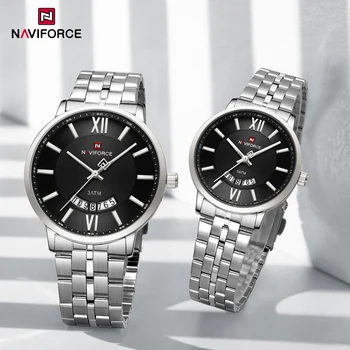 NAVIFORCE wysokiej jakości kalendarz kwarcowe zegarki na rękę dla par wodoodporny świecący zegarek na rękę dla kobiet mężczyzn zegarek ze stalowym paskiem