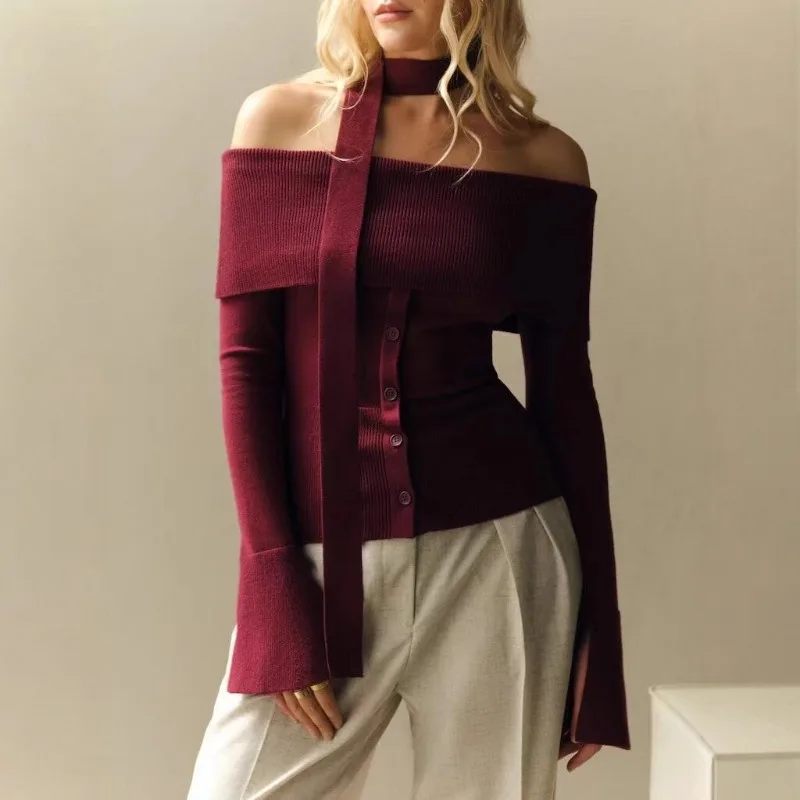 

Talenza Women's Autumn Pullovers Sexy One-Shoulder Scarf Ribbon Long-Sleeved Top Fashion Solid Vintage Streetwear Top Female