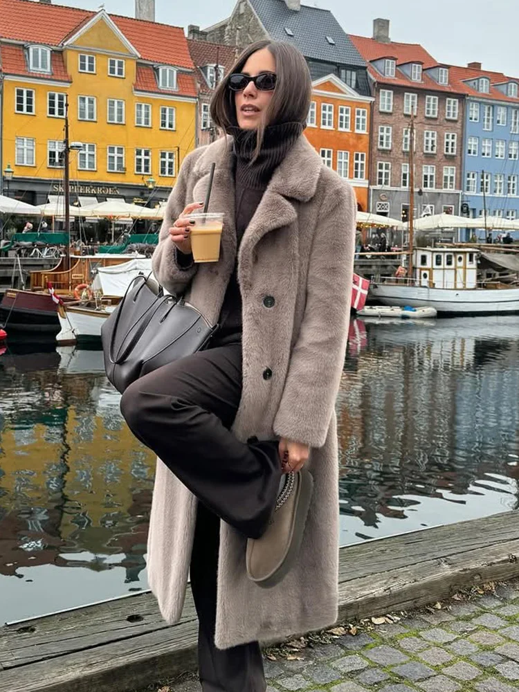 

HH зимняя женская мода теплая однобортная длинная куртка из искусственного меха пальто женские свободные толстые пальто с длинным рукавом с отложным воротником