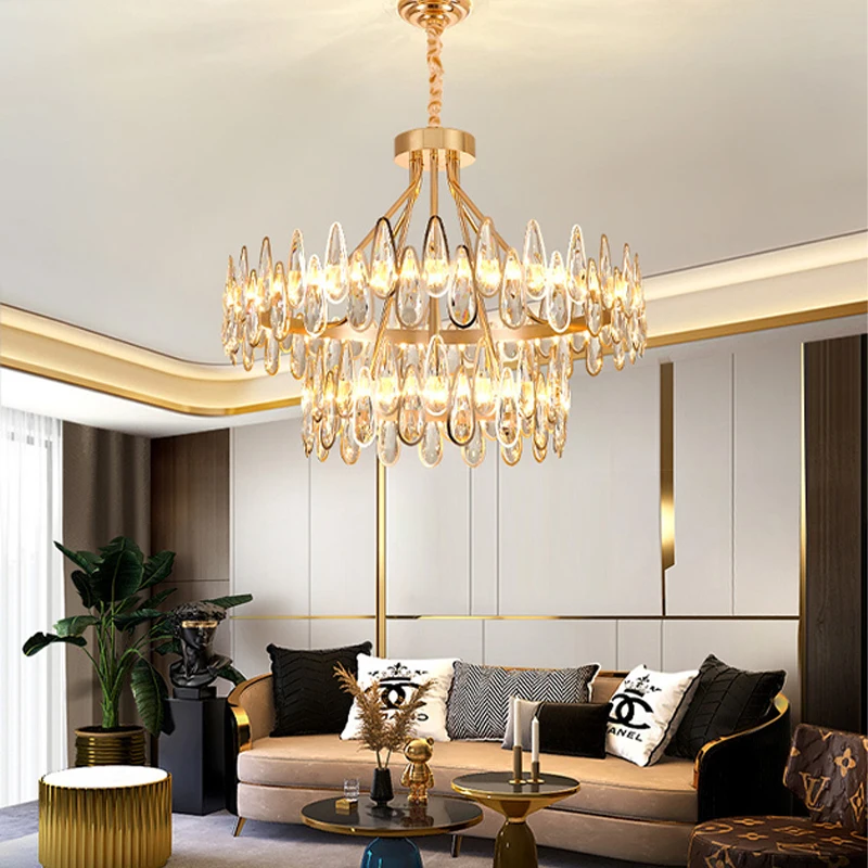 Crystal Petal Ceiling Chandeliers Gold LED European Classical Light Luxury Lustres Hanging Lamps Home Decor for Living Room