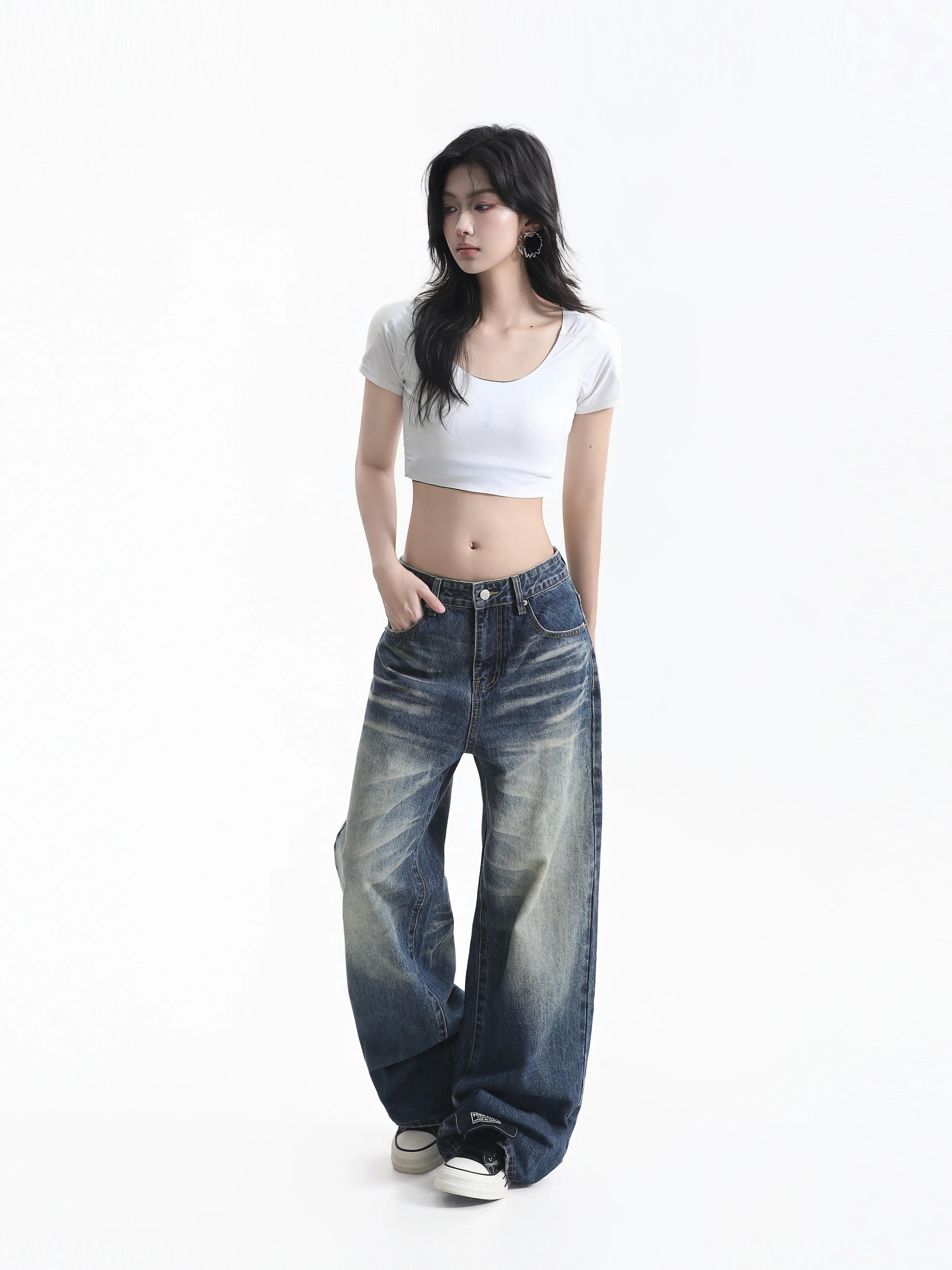 American Street Style Wide Leg Denim Jeans Women's  Ear Faded Loose Straight Tube Pants Couple's Casual Cotton Jeans