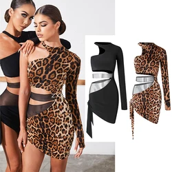 ZYM Latin Dance Leopard Dress Women Practice Clothes Irreguldar Dress Prom Club Rumba Cha Cha Performance Dance Dress DNV16778