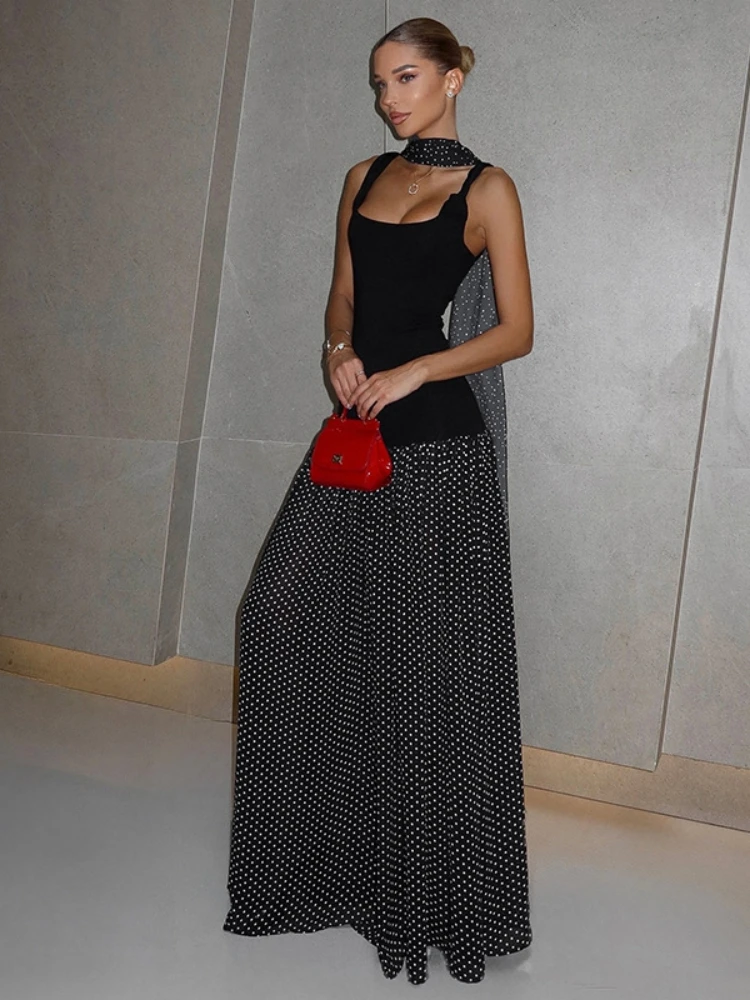 Sukienki maxi w kropki dla kobiet, odzież, eleganckie sukienki bez rękawów z wstążką, streetwear, długa suknia damska.