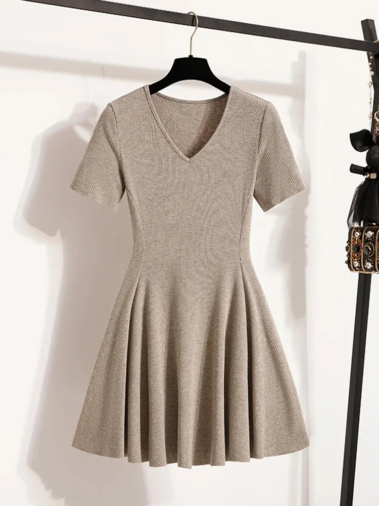 Элегантное женское вязаное платье-свитер с коротким рукавом, А-силуэт, для вечеринок, офиса, работы, повседневной носки.