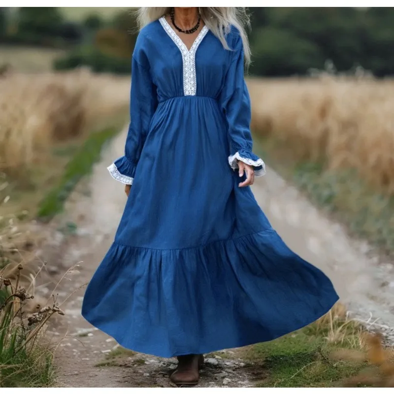 Abito da donna retrò Primavera Estate Autunno 2025 Nuova gonna lunga V-Nek a vita alta Elegante tinta unita Abiti vintage a maniche lunghe