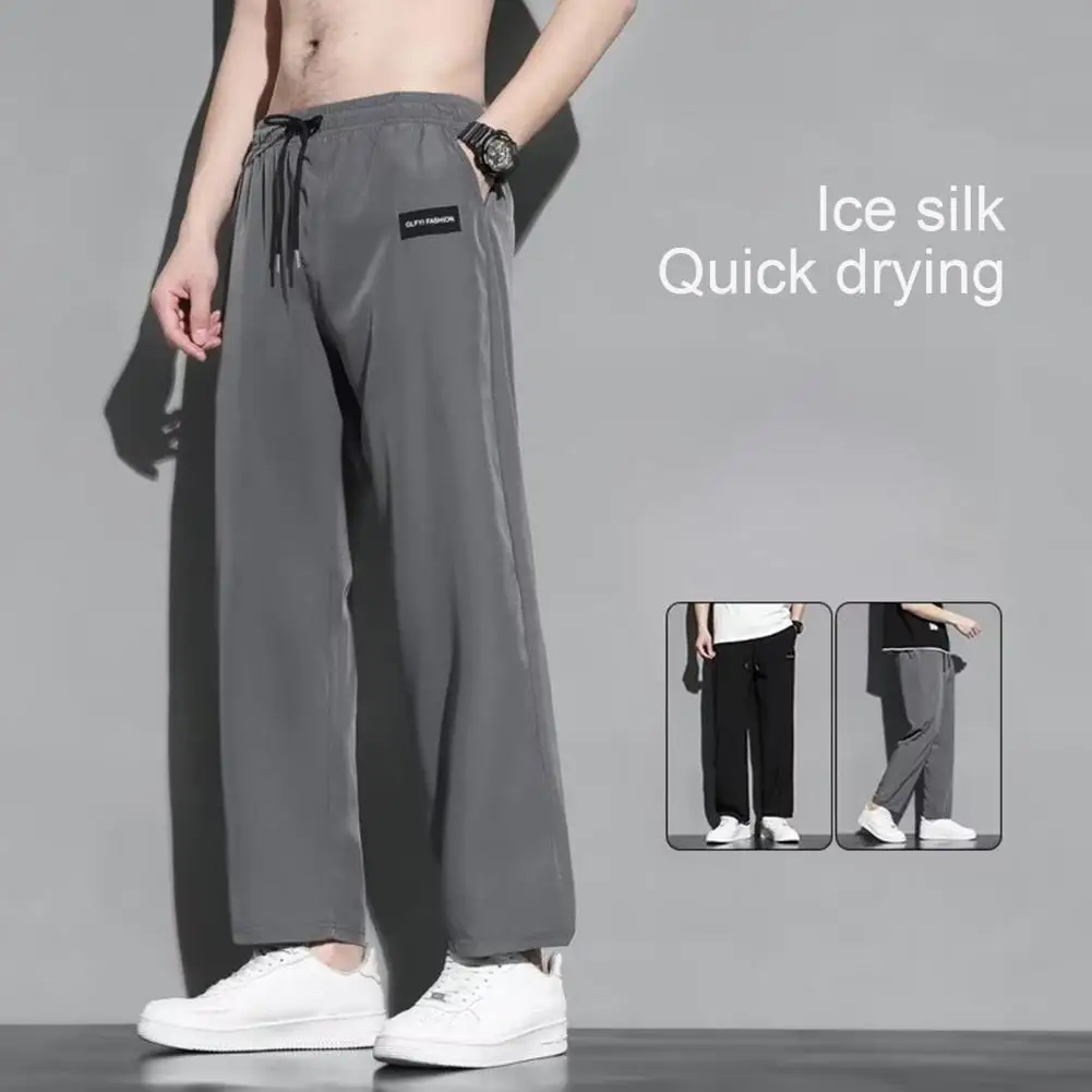 

Casual Straight Pants Breathable Ice Silk Men's Sweatpants with Drawstring Waist Wide Legs for Summer Sports Lightweight Jogging