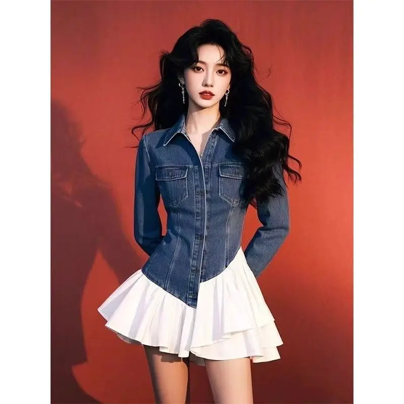 Unique Super Good-looking Temperament Denim Dress Women Spring New Cold Department Fake Two Short Skirts Sell Well in Stores