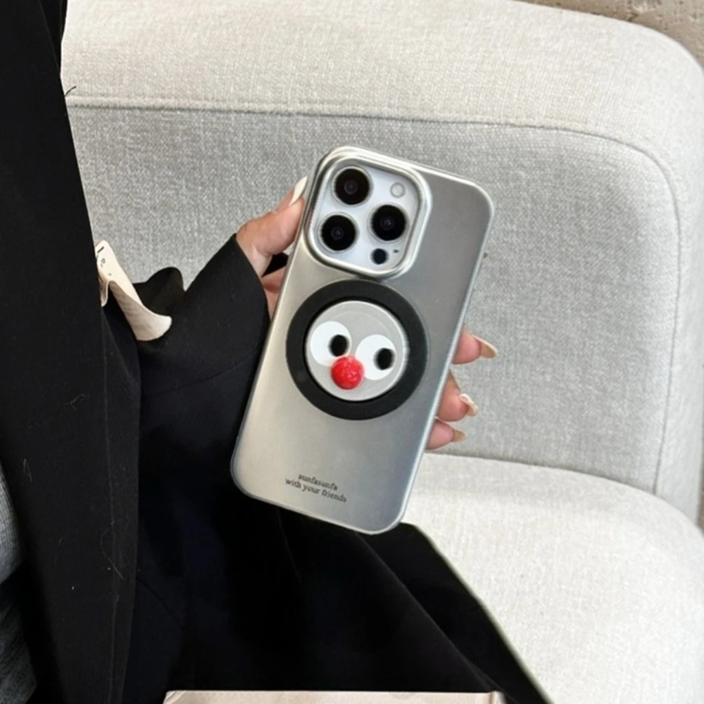 

Fun Clown Red Nose With Holder Magnetic Wireless Charging Silver Plating Phone Cover Case for iPhone 16 15 14 13 Pro Max