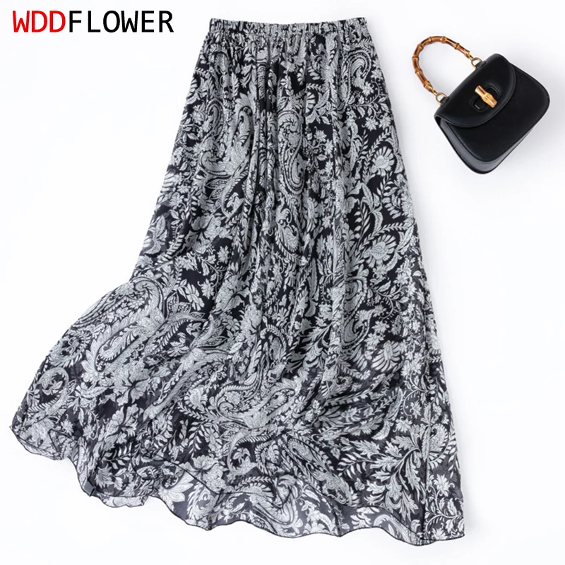 Women Silk Skirt 100% Mulberry Silk White Black Paisley Floral Print Long Type Big Hemline Skirt With Lining Summer Beach M1592