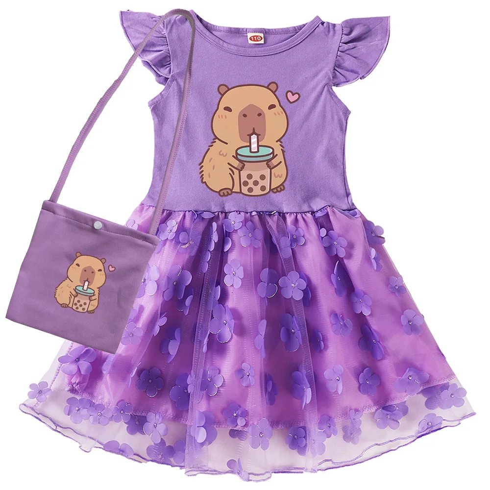 Cute Capybara Clothes Kids Wedding Party Lace Dress Baby Girls Short Sleeve Casual Dresses with Small Bag Children Vestido