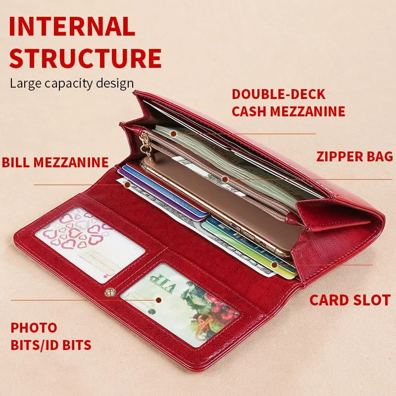 RFID Anti-Theft Brush and Demagnetization Long Handbag, Large Capacity Integrated Card Bag, Multi-Functional Wallet, Leather Cow