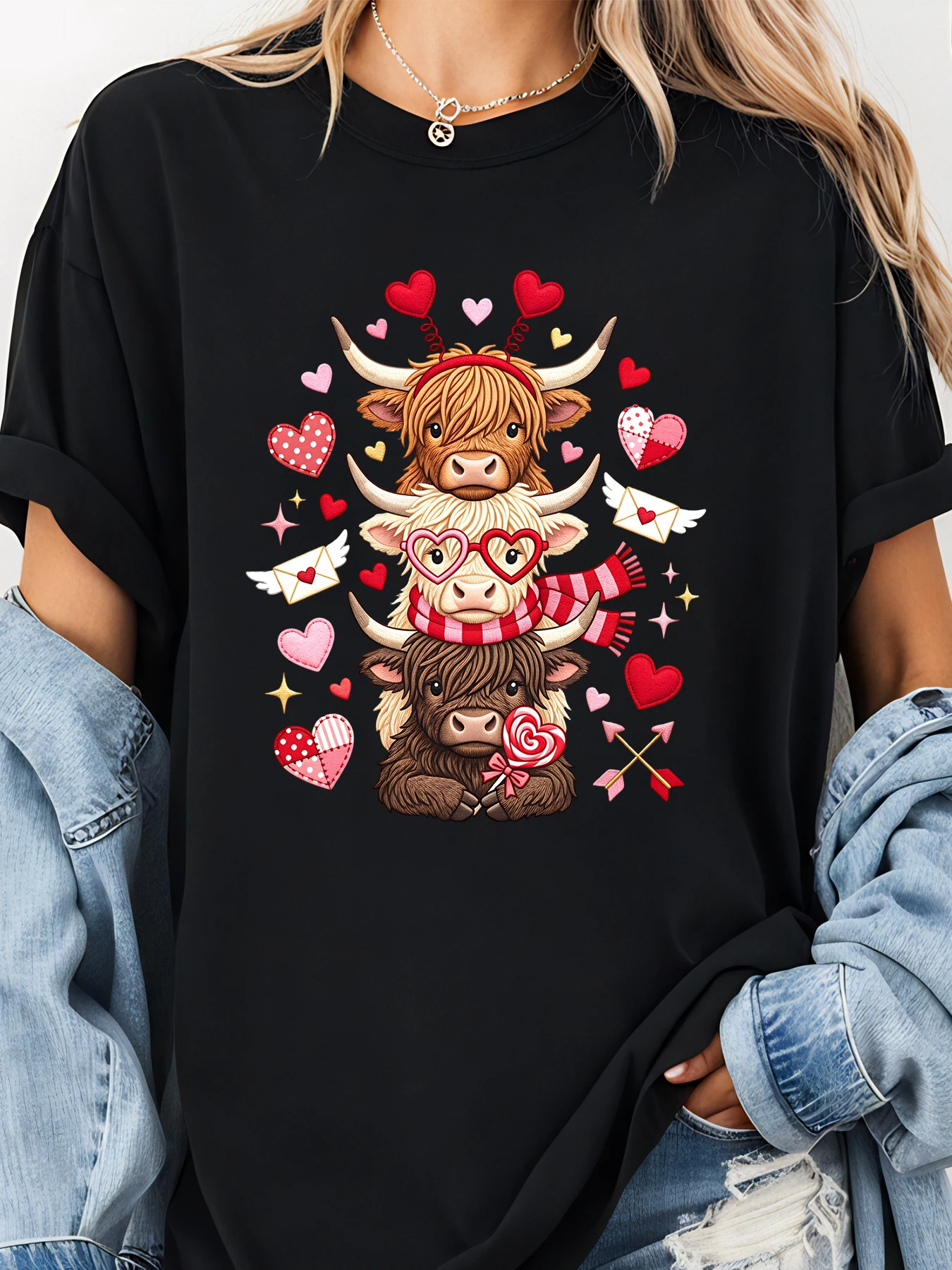 Camiseta con estampado de corazón de vaca de San Valentín, diseño de animales bonitos, patrón romántico para mujer, ropa informal