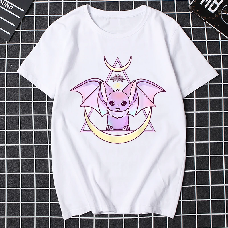 Women Cute Creepy Headed Dog Anime Kawaii Pastel Goth Clothes Bat Crescent Moon Witchy Cartoon Graphic Tshirts Ropa Hombre