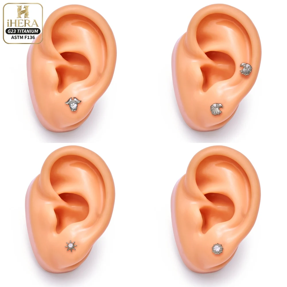 ASTM F136 Titan Piratenschädel Flachrück-Ohrpiercing Funkelnder CZ Seestern Halbmond Schlange Engel Labret Helix Tragus Schmuck – Detail 39