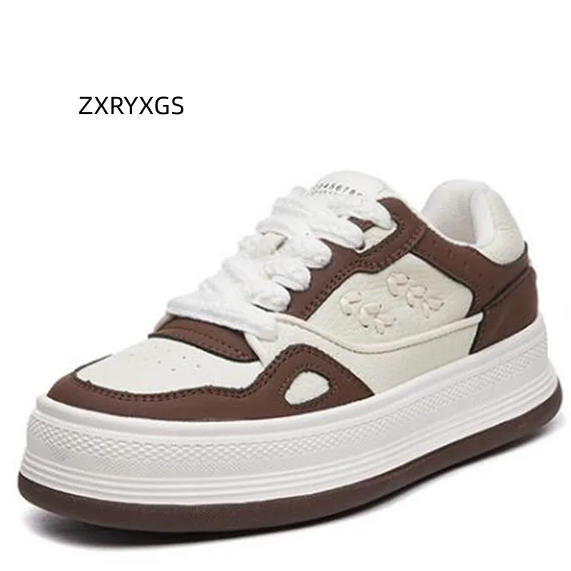 

ZXRYCGS 2023 Popular Autumn Round Toe Spell Color Genuine Leather Sneakers Fashion Casual Shoes Woman Sneakers Thick Sole Tide