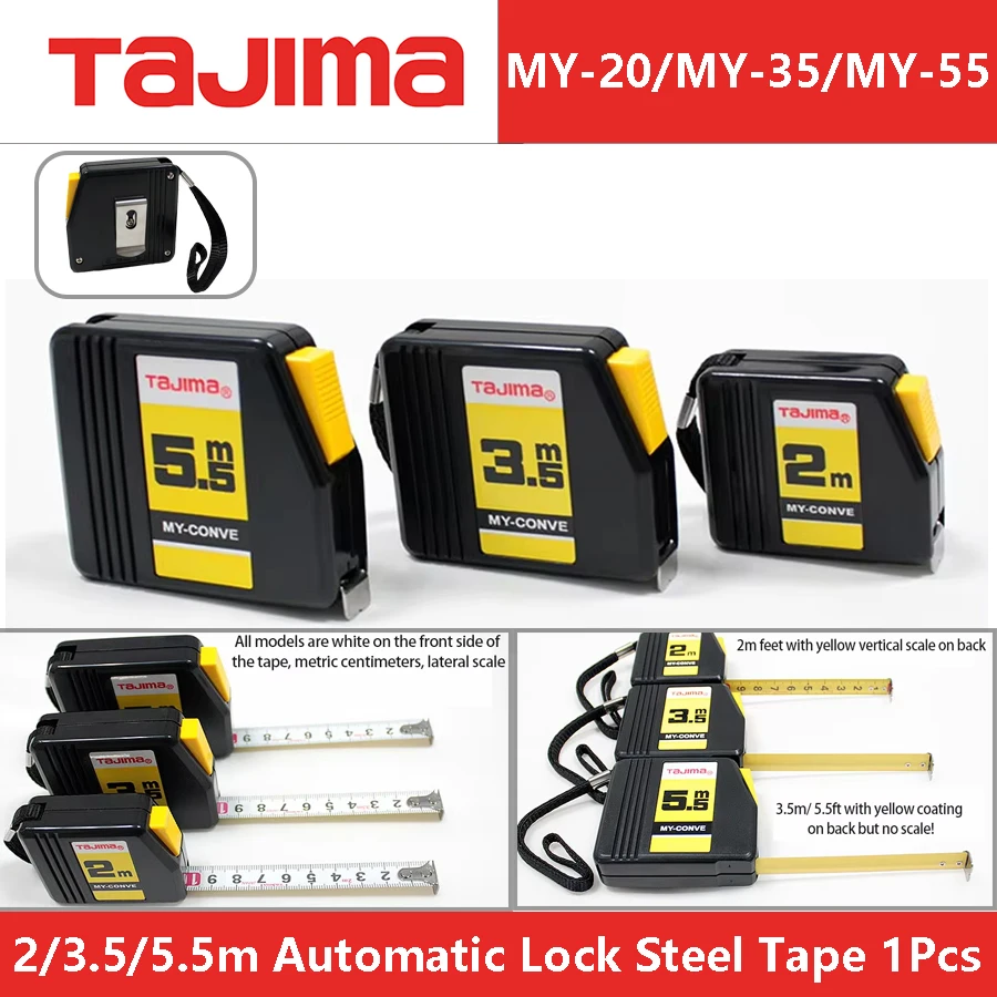 TAJIMA 2/3.5/5.5m Automatic Lock Steel Tape 1Pcs Tape Equipped with Hand Strap & Metal Buckle Measuring Tool  1001-0143/44/45