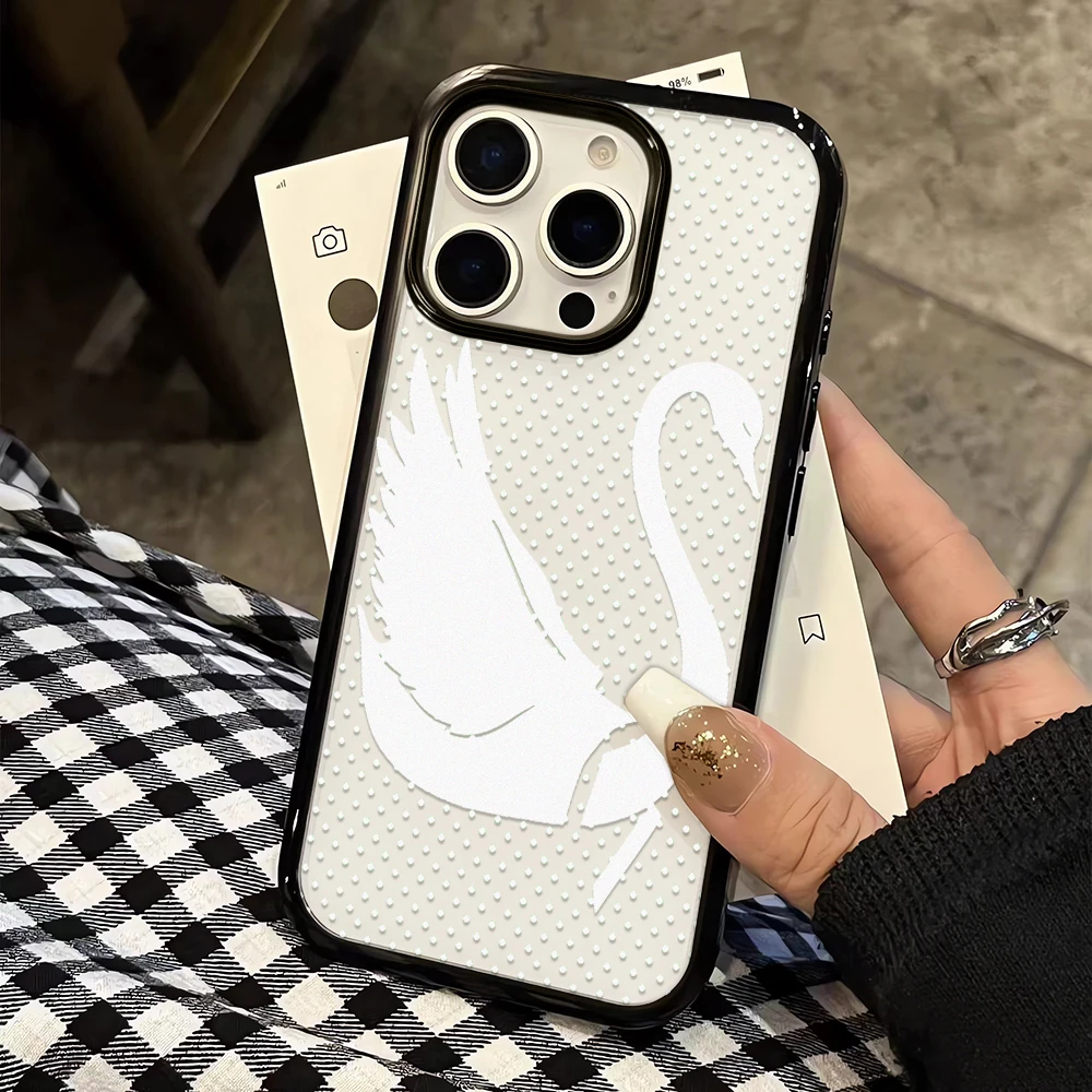 Smooth Gloss Hard Phone Case For Iphone 11 Pro Max 12 13 14 15 Plus 16 17 Air Original Look White Spotted Swan Advanced Case