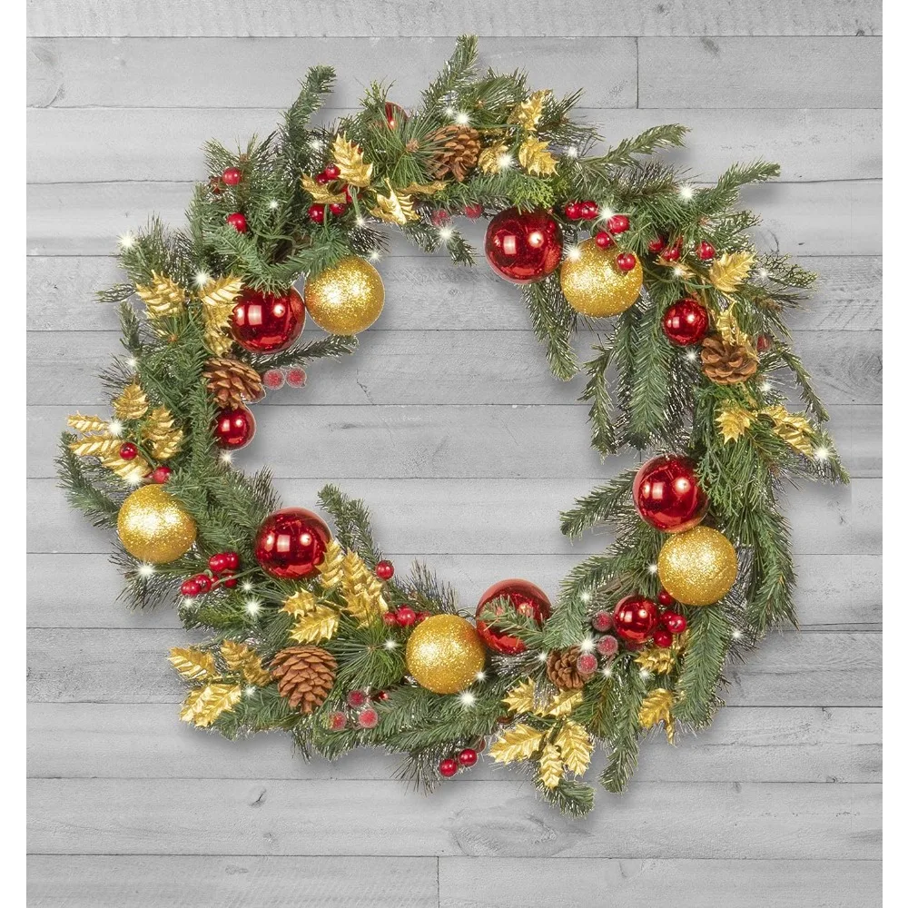 

30” Light-Up Christmas Wreath with Red & Gold Ornaments, Battery-Operated LED Lights with Timer