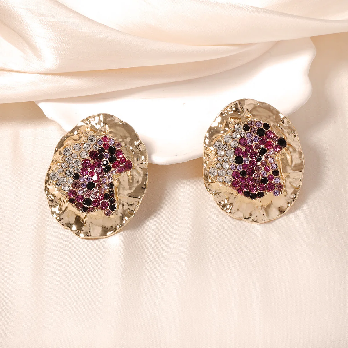 Exaggerated personality fashion trend alloy concave irregular oval inlaid with colored diamonds women's stud earrings