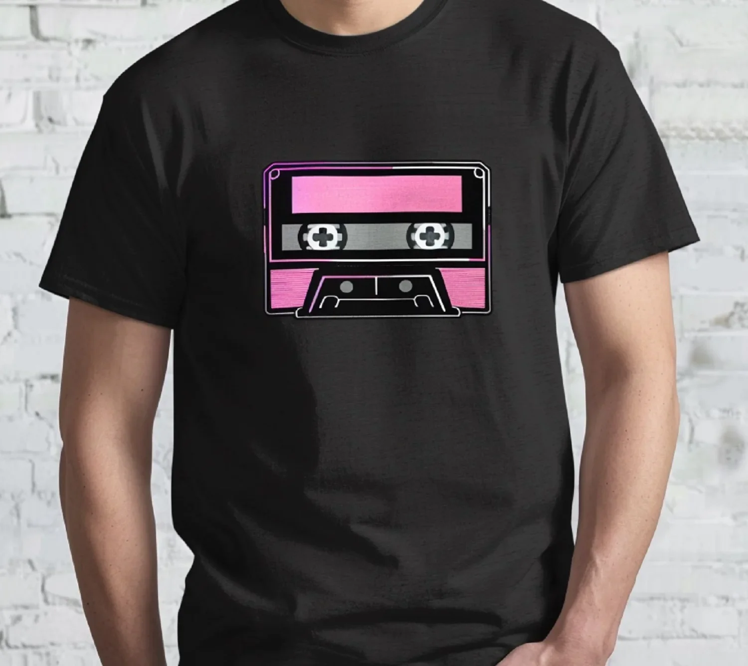 Retro Tape Print T-shirt For Men Pink & Gray Tape Trendy Tee Tape-accented Tee For Casual Wear Shirts For Women Men Clothing