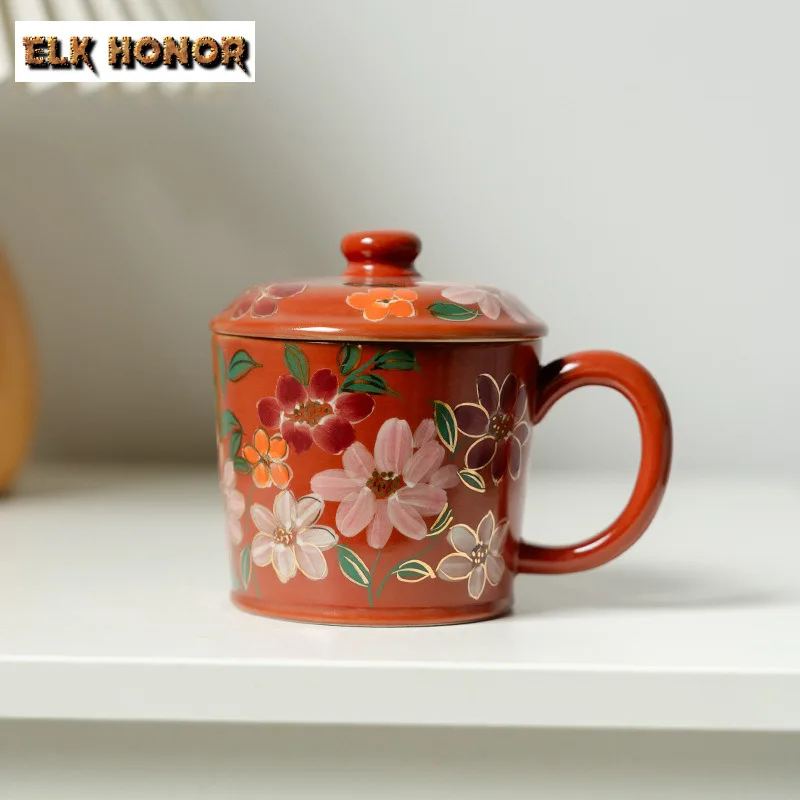 

300ml Hand-painted Jasmine Flower With Lid Coffee Mug Couple Handgrip Cups Afternoon Tea Mug Office Water Cup Cafes Decoration