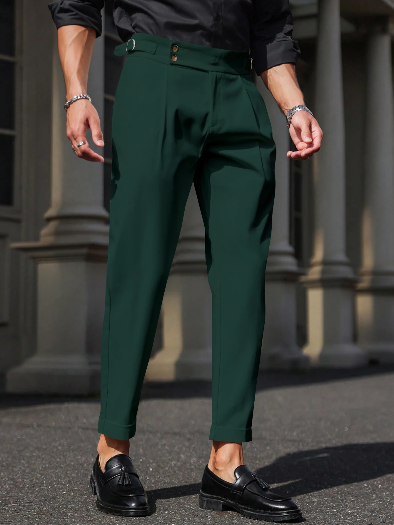 Mens Double Button Side Adjust Pleated Cropped Suit Pants Stretch Cuffed Hem Formal Ankle Trousers S-XXL