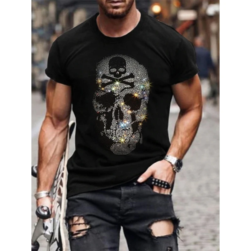 Men\'s Quality Fashion T-Shirts Casual Street Short Sleeve Letter Hot Drill Men Clothes Tee Tops O-Neck Rhinestone Tshirt Y2K New