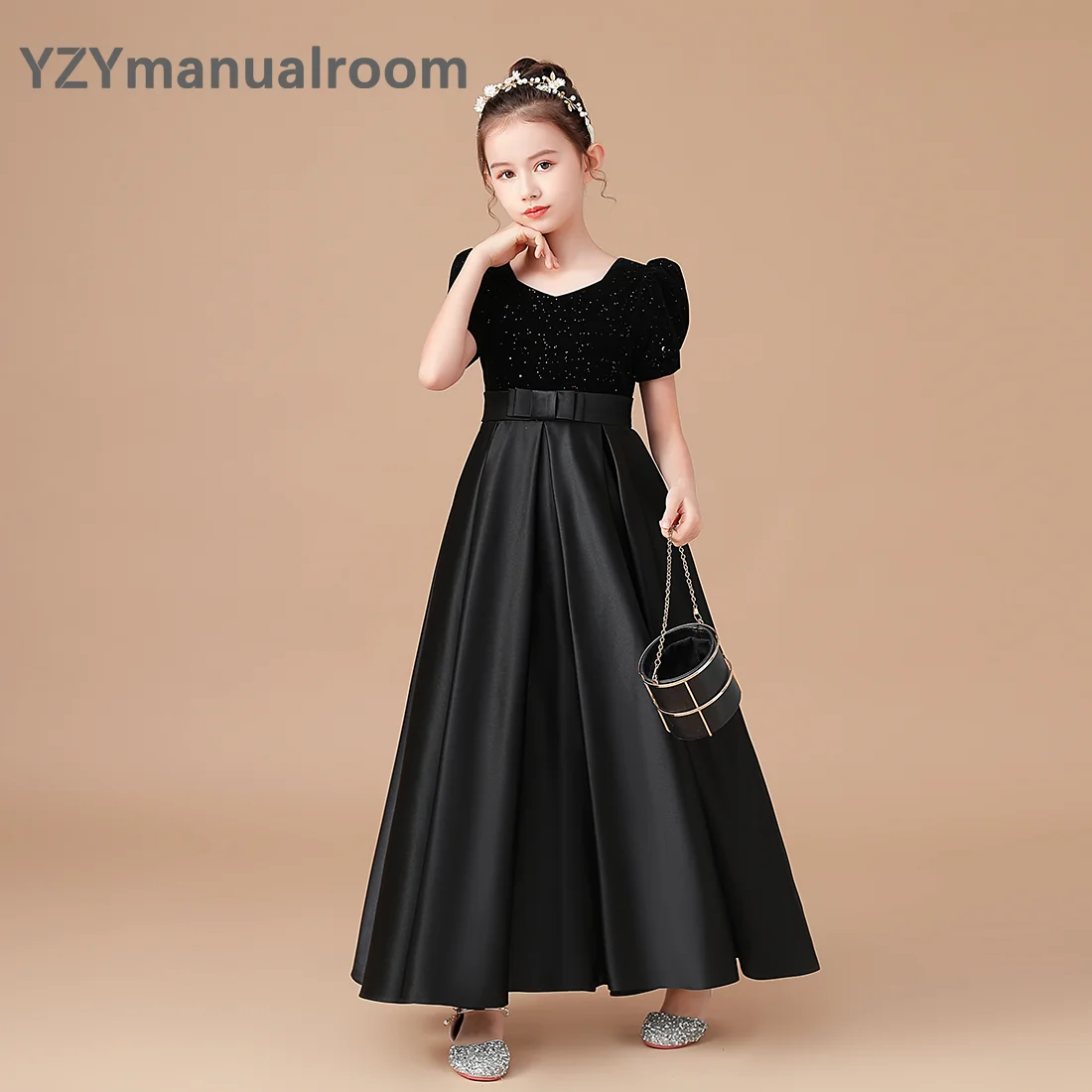 YZYmanual-vestido de princesa plissado de veludo para meninas, vestido de cetim, concurso, florzinha longo, preto, high-end, júnior, elegante