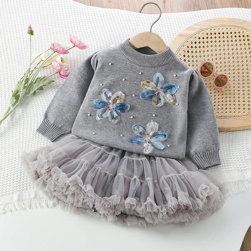 2026 neue Frühjahr 2-6Yrs Kinder Kleidung Set Baby Mädchen Gestrickte Kleidung Anzug Lange Ärmeln Gestrickte Pullover Pullover + Kurzen rock