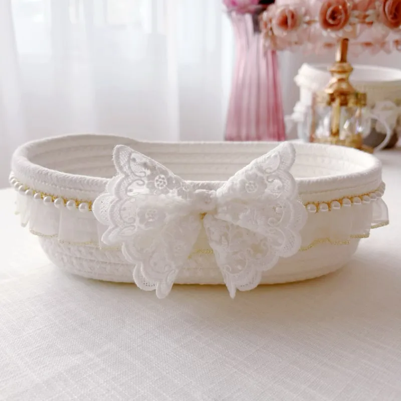 Cosmetics Storage Box Retro Desktop Storage Basket Finishing Box Hand Woven Cotton Thread Pearl Lace Ship Shaped Circular Bow