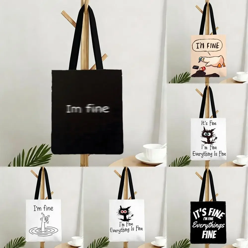Quote Text I'm Fine Storage Bags Bags Series Print Bag Lightweight Shoulder Daily Shopping Bags