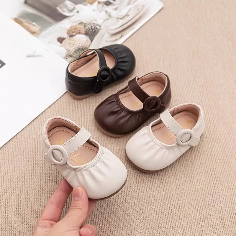 Minimalist Pure Color Baby Girl Mary Jane Flats Are Crafted From Soft Smooth Faux Leather with Gentle Gathered Wrinkled JY06081