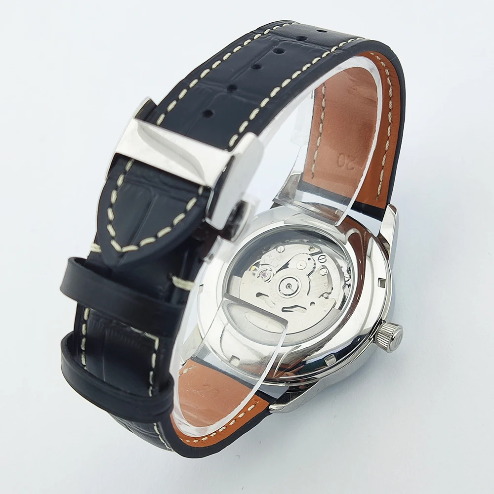 40mm Cocktail Watch Men nh35 Watch Automatic NH35 Movement Mineral Glass Steel Case Leather Strap Waterproof