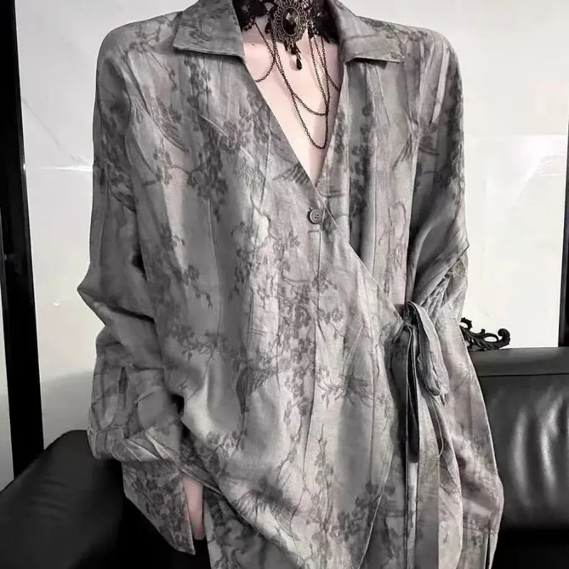 

Men's Clothing Unisex Gray Tie-Dye Wrap Shirt Oversized Fit Side Tie Detail