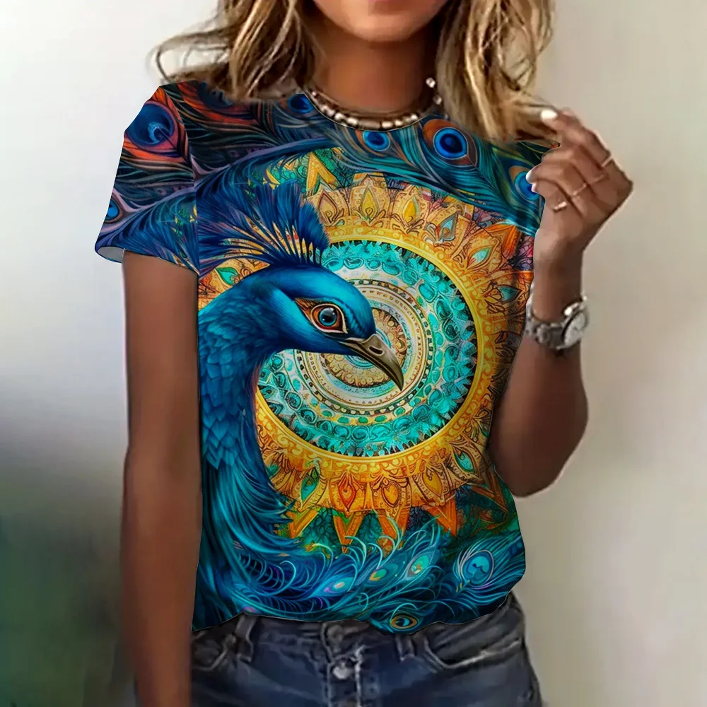 2024 New Ladies Casual T-Shirt Top Fashion Peacock Graphic Print Short Sleeve T Shirts Women's Clothing Vintage Basic O-neck Tee