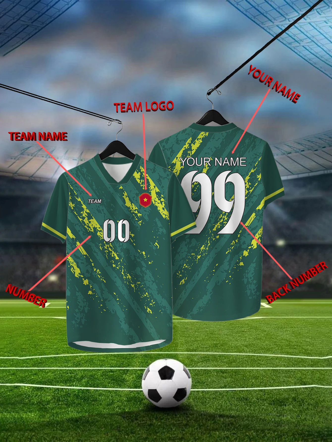 

CCustomized Geometric Green Short Sleeved Shirt with Team Name, Emblem, Name and Number, Outdoor Sports Short Sleeved T-shirt